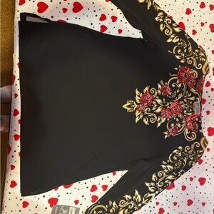 JM Collection Black Top with Red and Gold Floral Accents